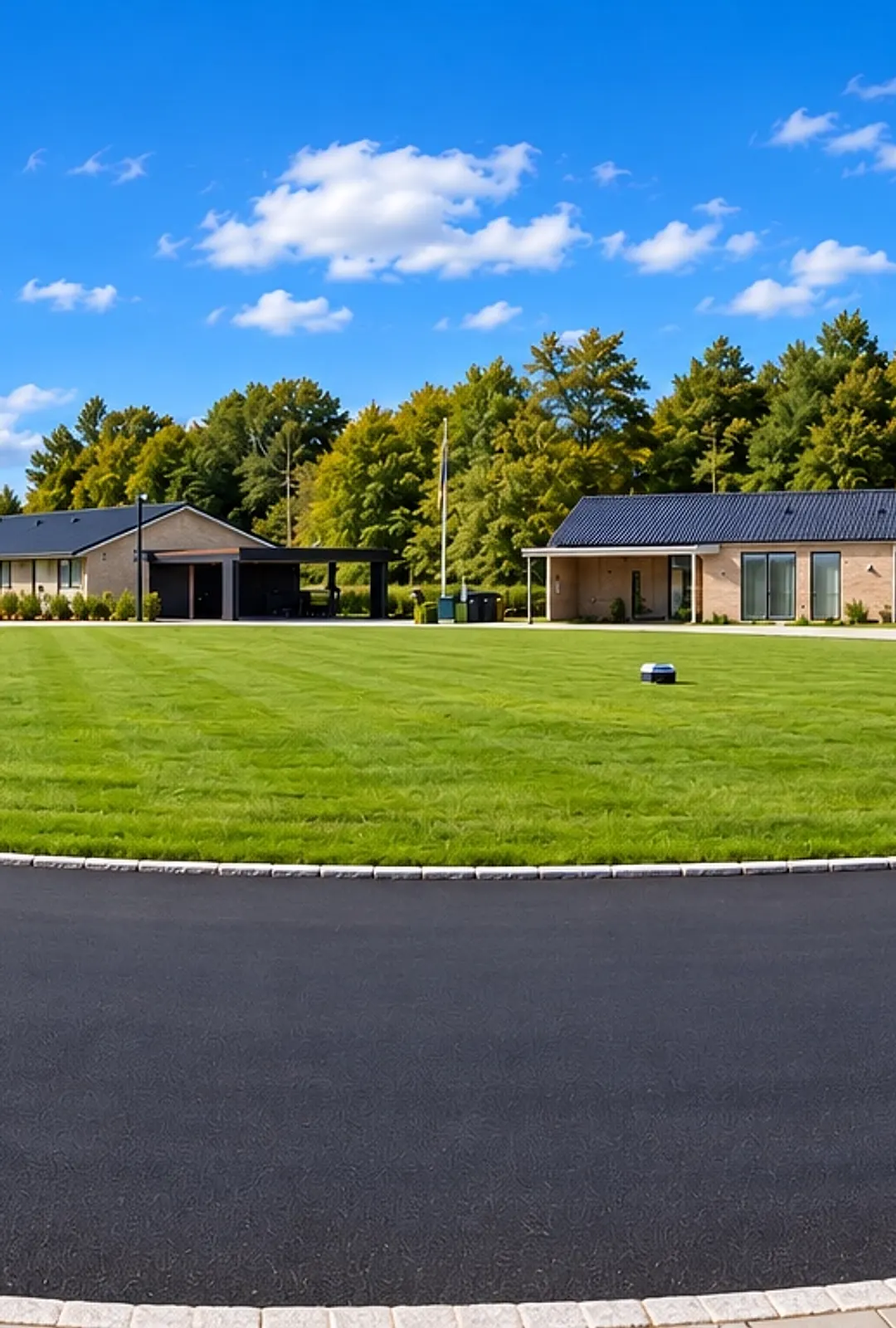 Panorama af boligområdet Albuen med den grønne midterø, fællesvejen og husene omkring